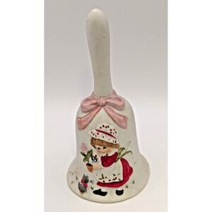Jasco Bisque Porcelain Bell with Girl Flower Pot / Cat / Pink Bow 5 inch tall